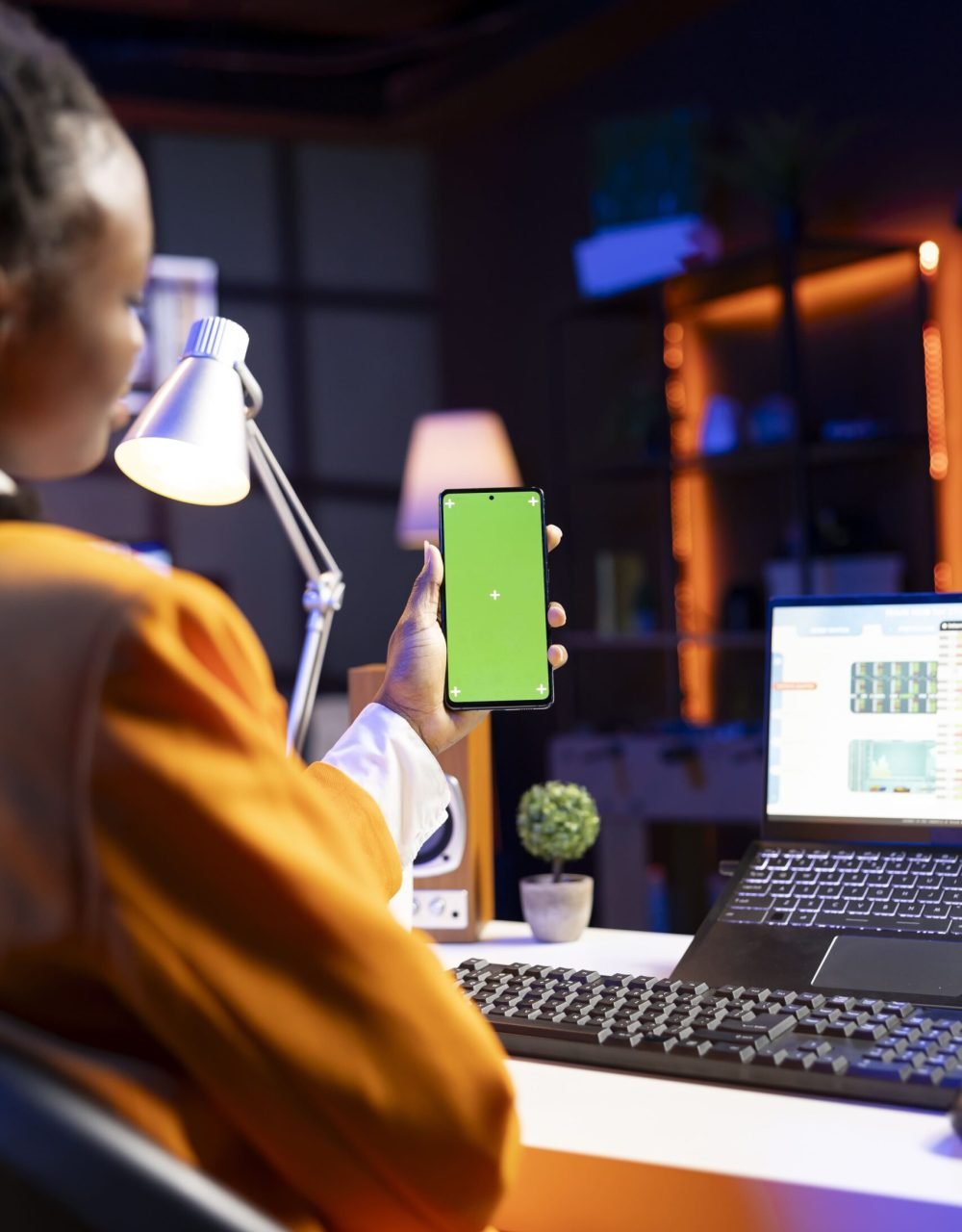 woman-taking-break-from-checking-stock-exchange-watch-videos-green-screen-smartphone